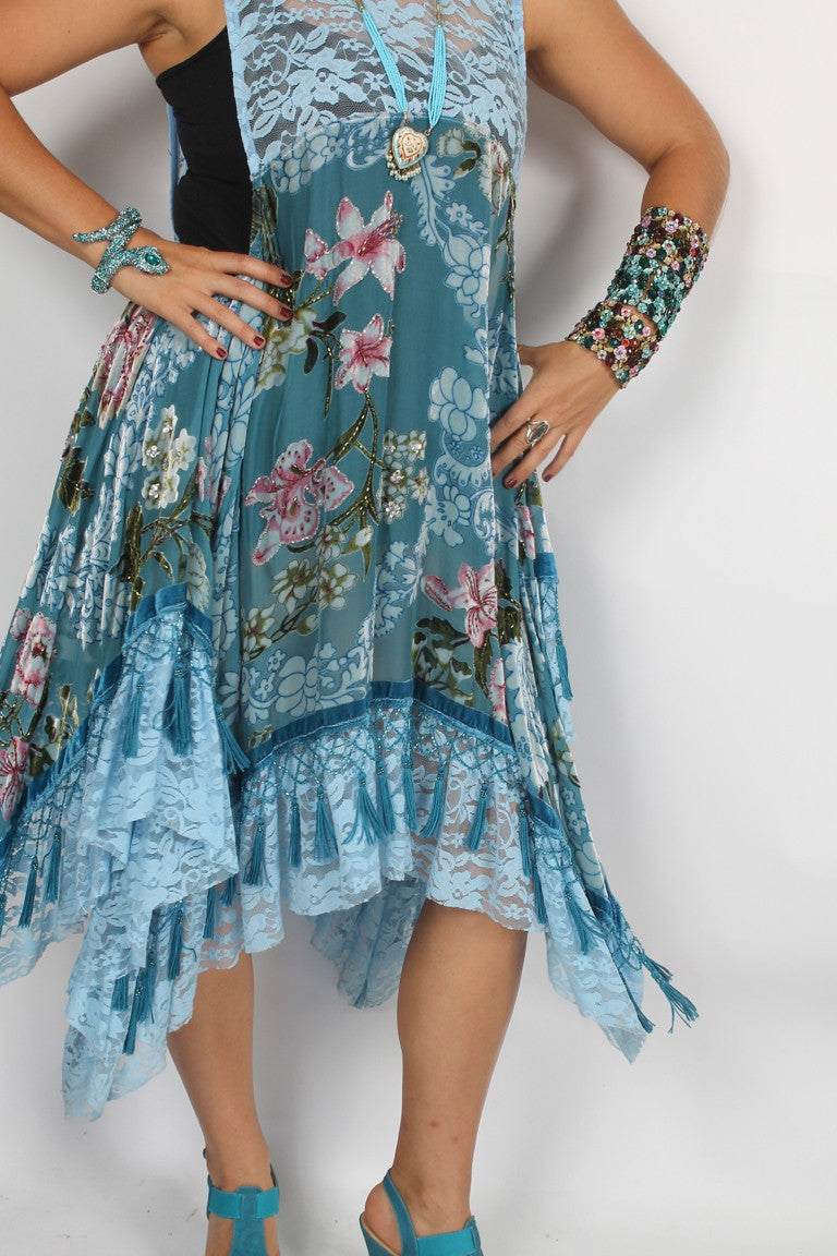 SunHeart Blue Roses Silk Velvet Tassel Dress Sml-3x
