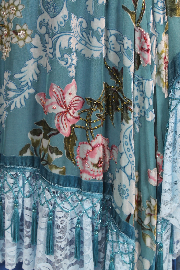 SunHeart Blue Roses Silk Velvet Tassel Dress Sml-5x