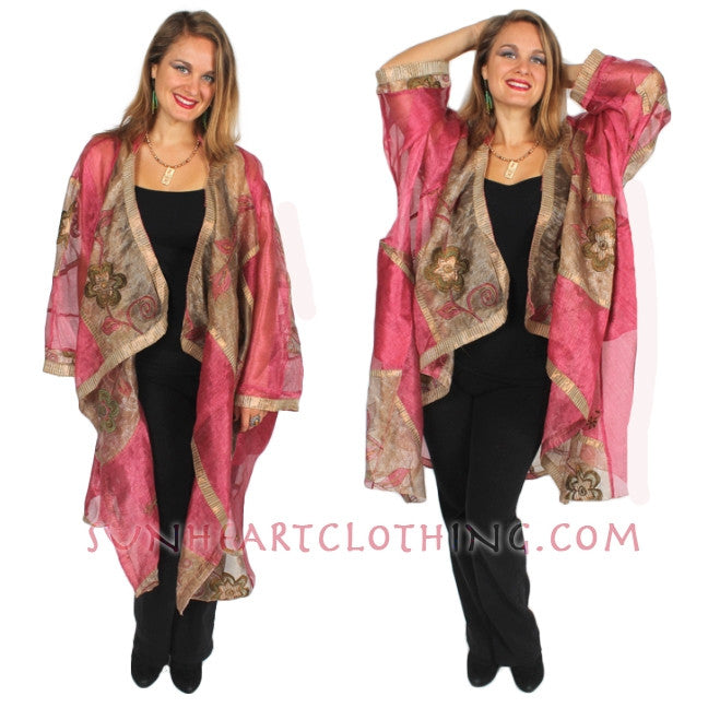 Sunheart Vintage Silk Roses Cachet Coat Boho Embroidered ooak  SML-7X