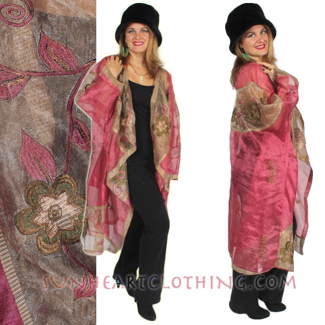 Sunheart Vintage Silk Roses Cachet Coat Boho Embroidered ooak  SML-7X