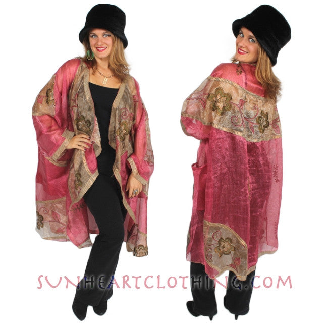 Sunheart Vintage Silk Roses Cachet Coat Boho Embroidered ooak  SML-7X