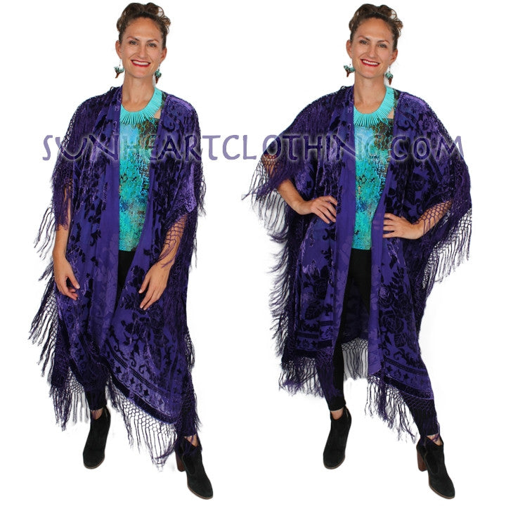 Sunheart Silk Velvet French Tassel Ruana Caftan Coat One Size