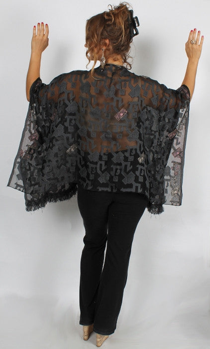 Sunheart Black Silk Caftan Poncho Top Embroidered Beaded Sml-5x