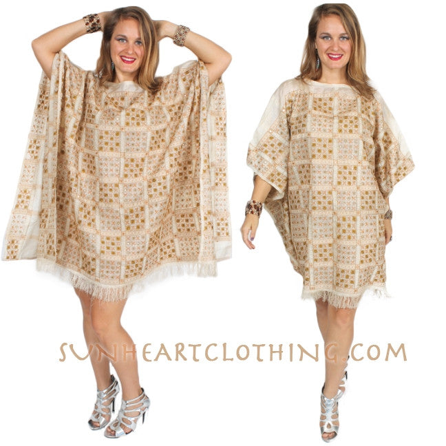 Sunheart Vintage Silk Embroidered Caftan Poncho Top Sml-8x