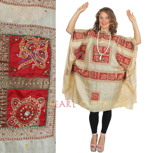 SunHeart Vintage Silk Embroidered Caftan Jeweled Poncho Tunic Top Sml-7x