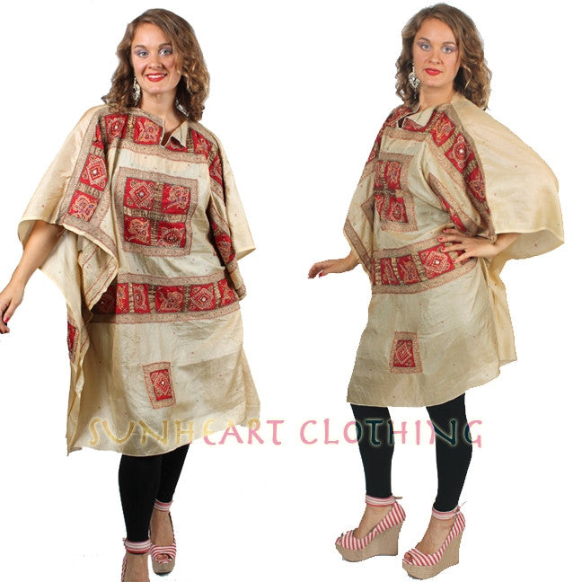SunHeart Vintage Silk Embroidered Caftan Jeweled Poncho Tunic Top Sml-7x