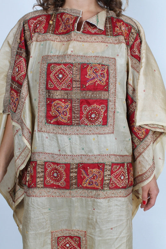 SunHeart Vintage Silk Embroidered Caftan Jeweled Poncho Tunic Top Sml-7x