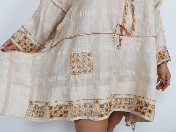 SunHeart Vintage Silk Embroidered Ivory Boho Tunic Top Sml-4x