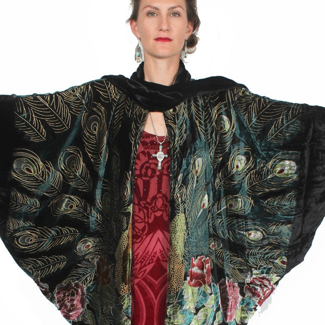 Sunheart Silk Velvet Batwing Flapper Peacock Coat Sml-7x