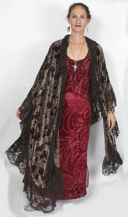 Sunheart Silk Velvet Ruana Ruffle Romantic Duster Coat