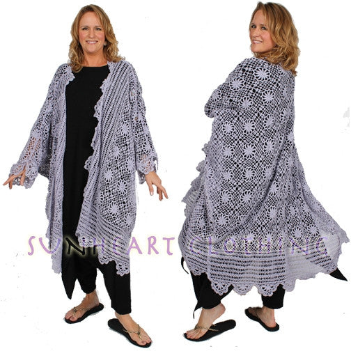 Sunheart Vintage Lavander Upcycled Crochet Coat Boho Hippie ChicVictorian Violet Crochet Duster – Upcycled Batwing Kimono Jacket with Beading SMl-8X